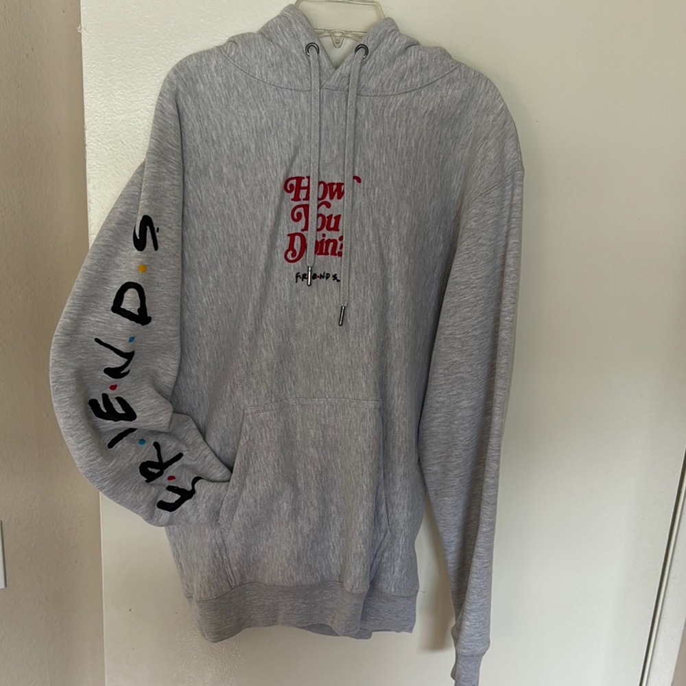 Unisex FRIENDS Gray Pullover Hoodie with Red and Black Graphics